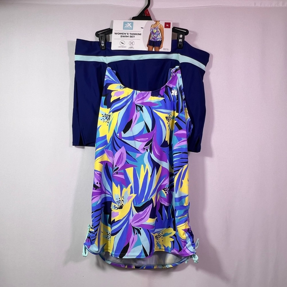 ZeroXposur Womens XL Tankini Swim Set Blue Tropical Floral Skirt Beachwear